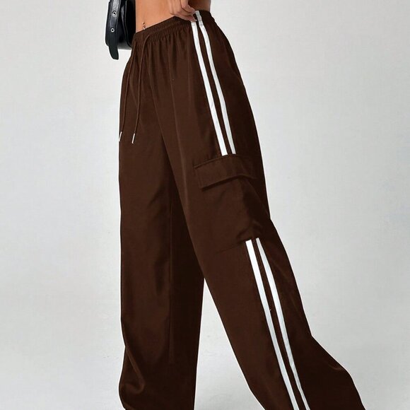 Brown Casual Women's Color Block Striped Drawstring Waist Cargo Long Pants - Picture 6 of 6